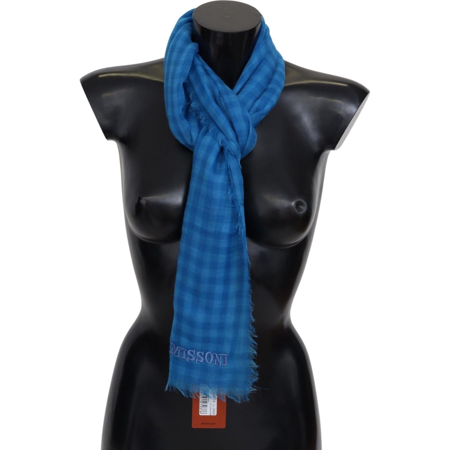 Missoni Blue Checkered Cashmere Unisex Wrap Fringes Scarf