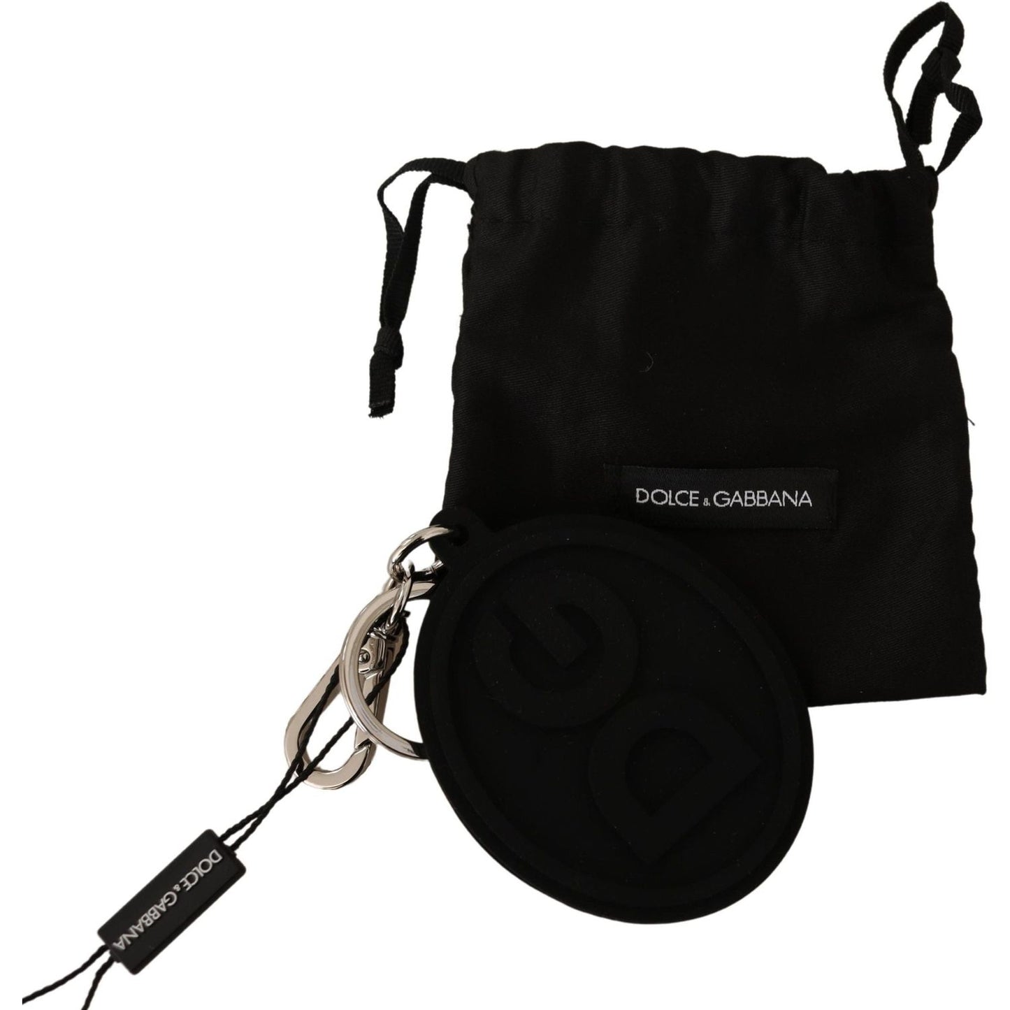 Dolce & Gabbana Black Rubber DG Logo Silver Brass Metal Keychain SMY100728