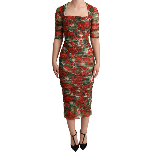 Dolce & Gabbana Red Floral Print Tulle Sheath Midi Dress DR28098 -36