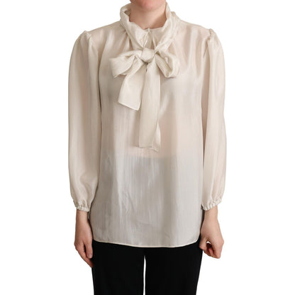 Dolce & Gabbana Light Gray Ascot Collar Shirt Silk Blouse Top