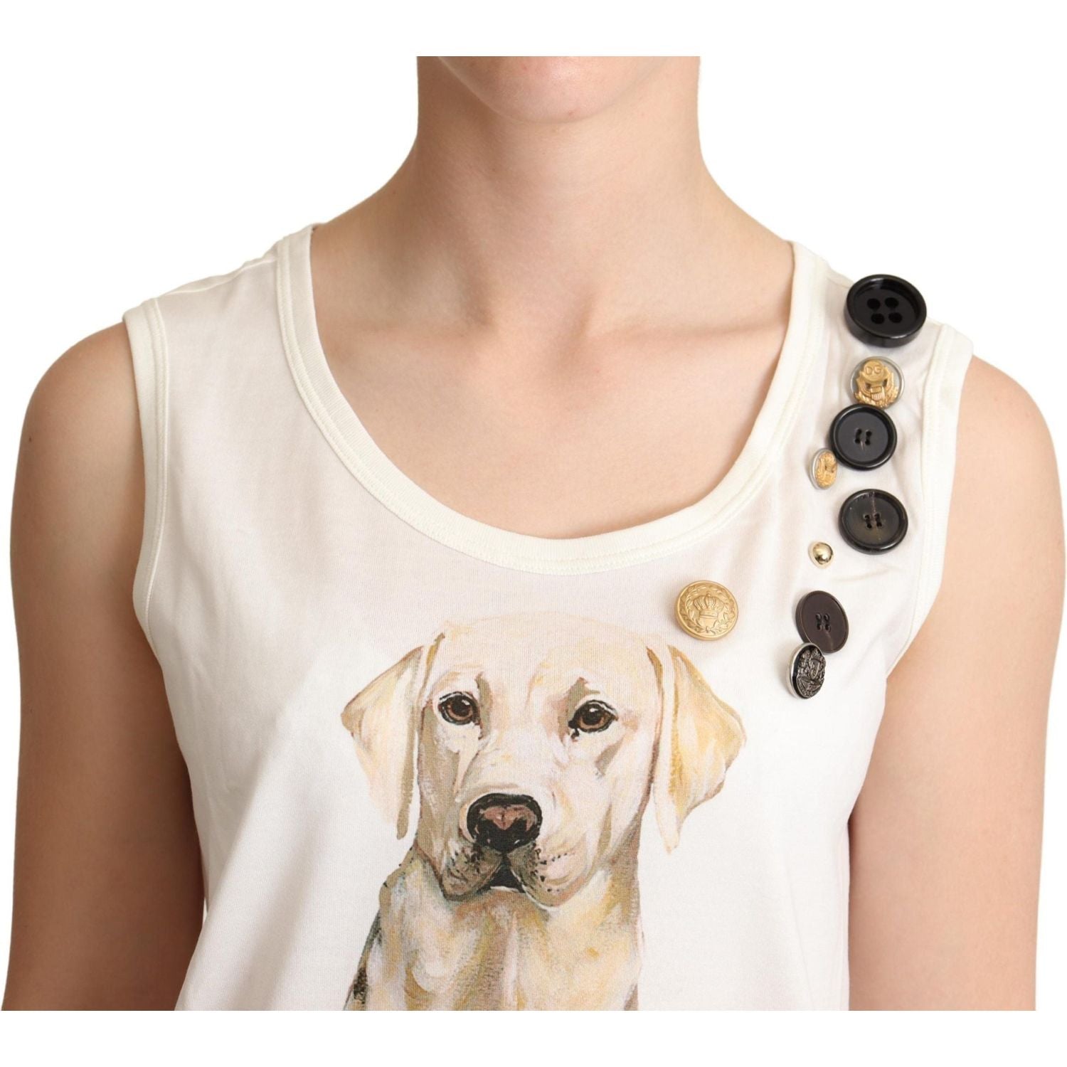 Dolce & Gabbana White Dog Floral Print Embellished  T-shirt