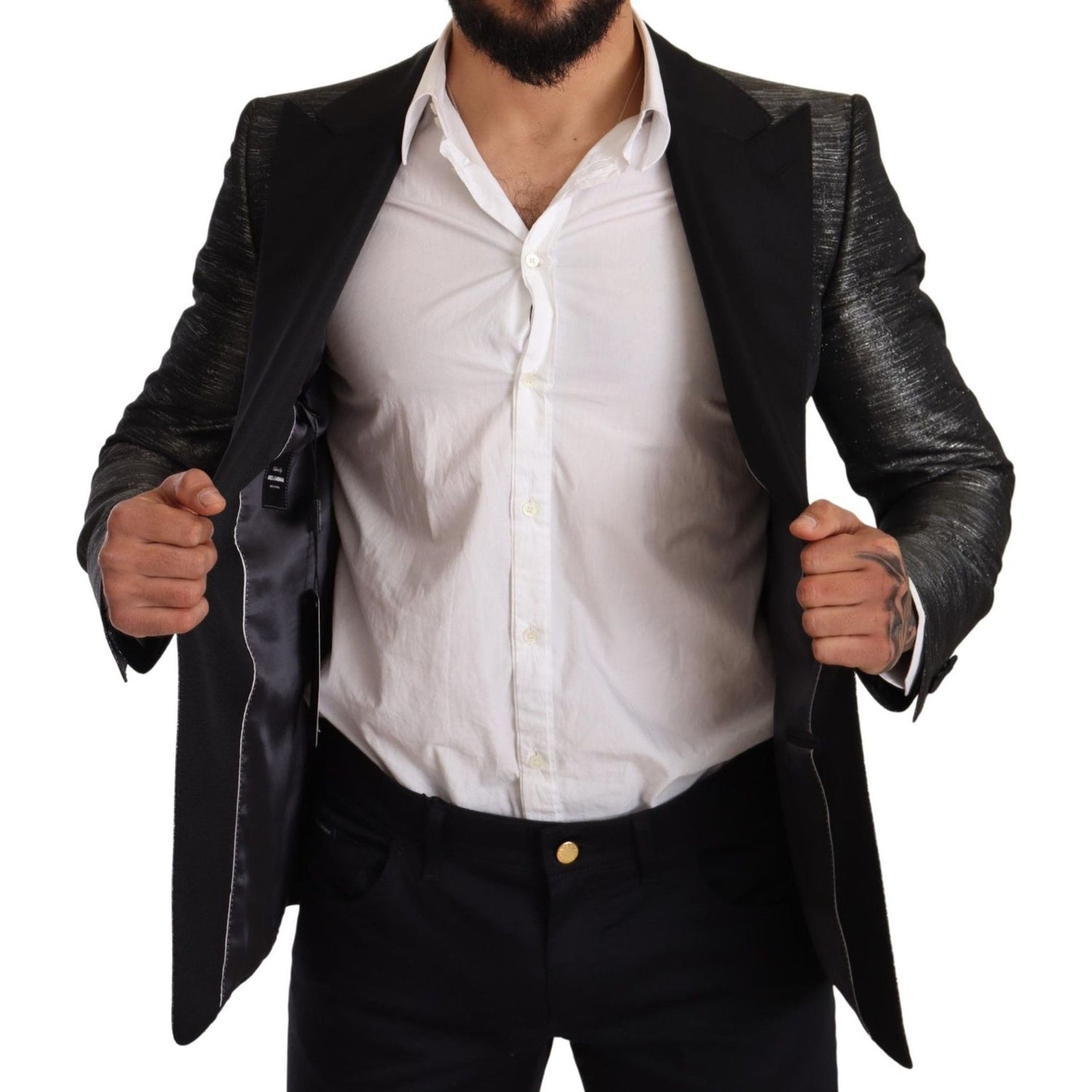 Dolce & Gabbana Gray Metallic Black Slim Tuxedo Blazer JKT2818-48