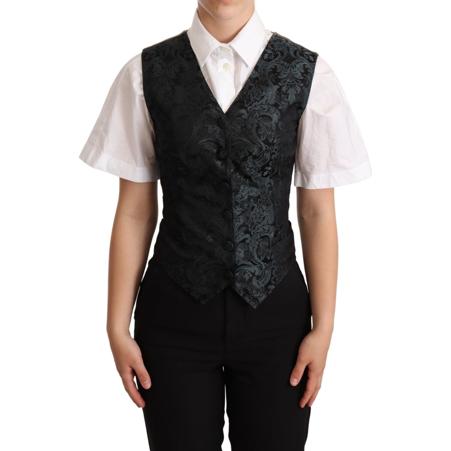 Dolce & Gabbana Black Jacquard Floral Waistcoat Vest Green