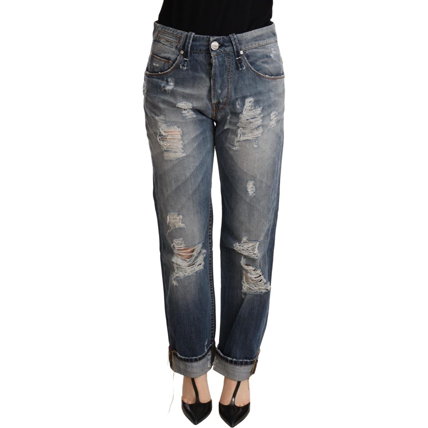 Acht Blue Tattered Mid Waist Straight Denim Trouser