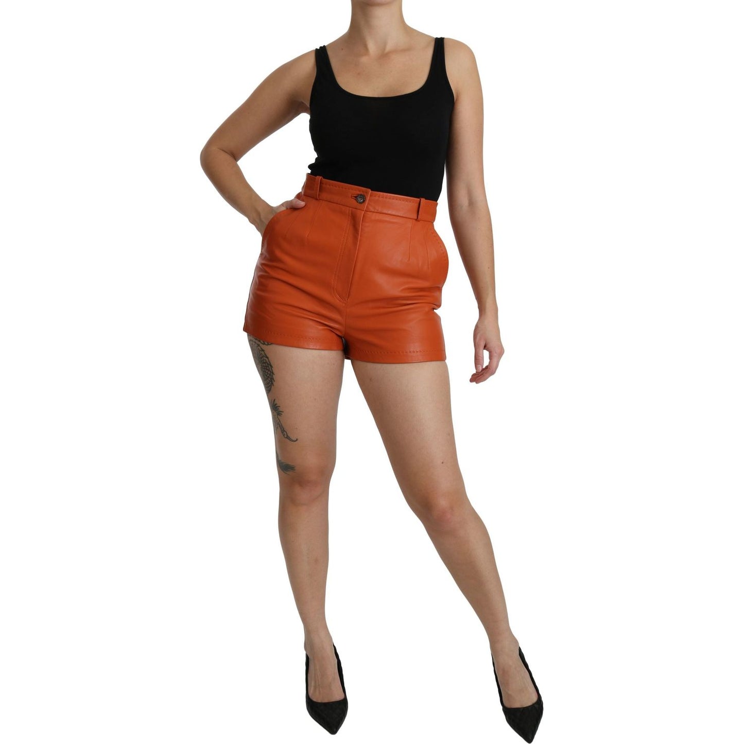 Dolce & Gabbana Orange Leather High Waist Hot Pants Shorts SKI1385-40