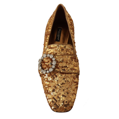 Dolce & Gabbana Gold Sequin Crystal Flat Women Loafers Shoes