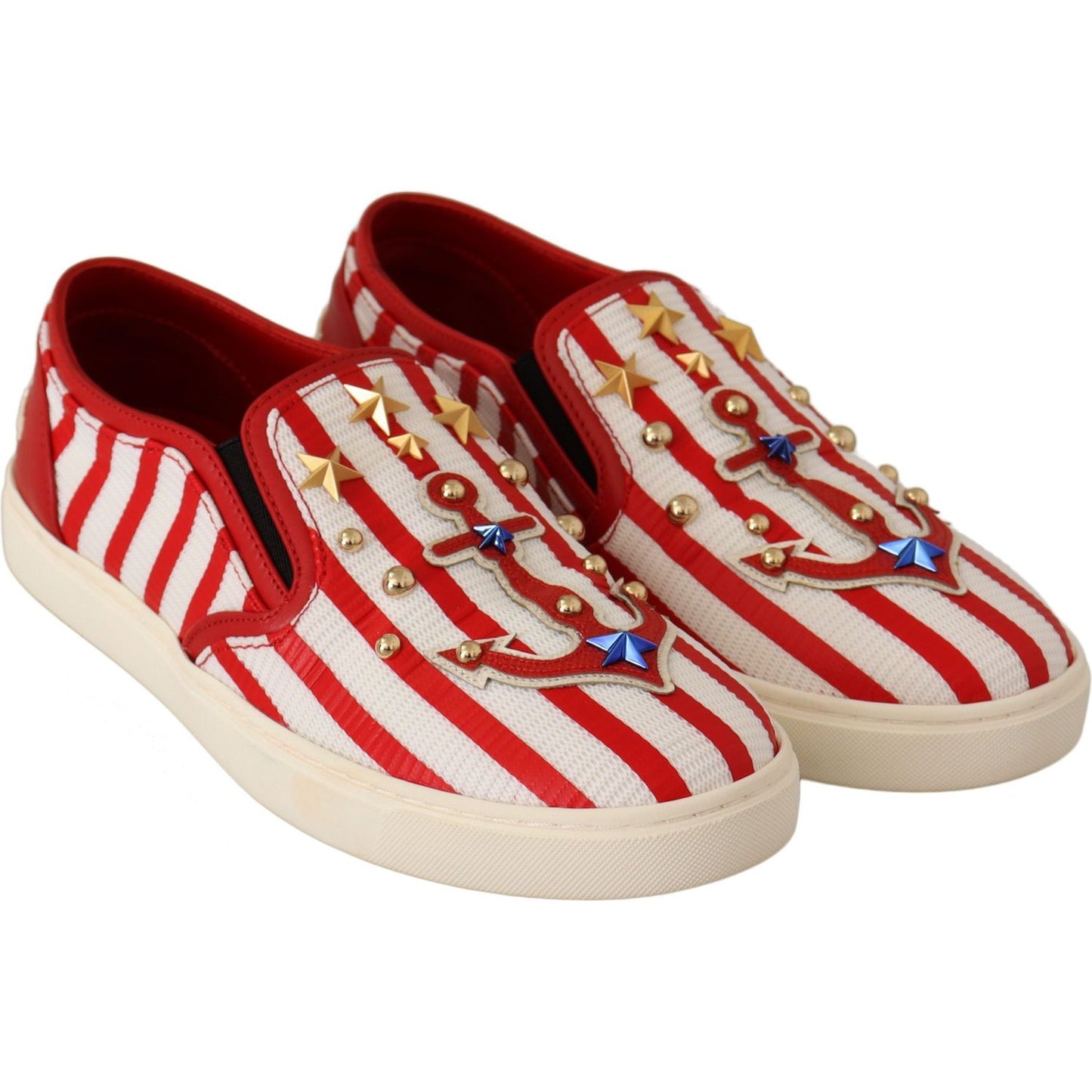 Dolce & Gabbana Red White Anchor Studded Loafers Shoes LA5685 -36