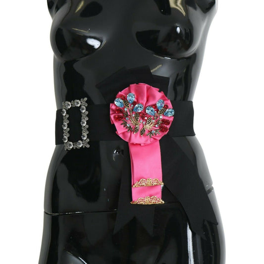 Dolce & Gabbana Black Pink Flower Brooch Crystals Cotton Belt SMY100475-38