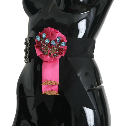 Dolce & Gabbana Black Pink Flower Brooch Crystals Cotton Belt SMY100475-38