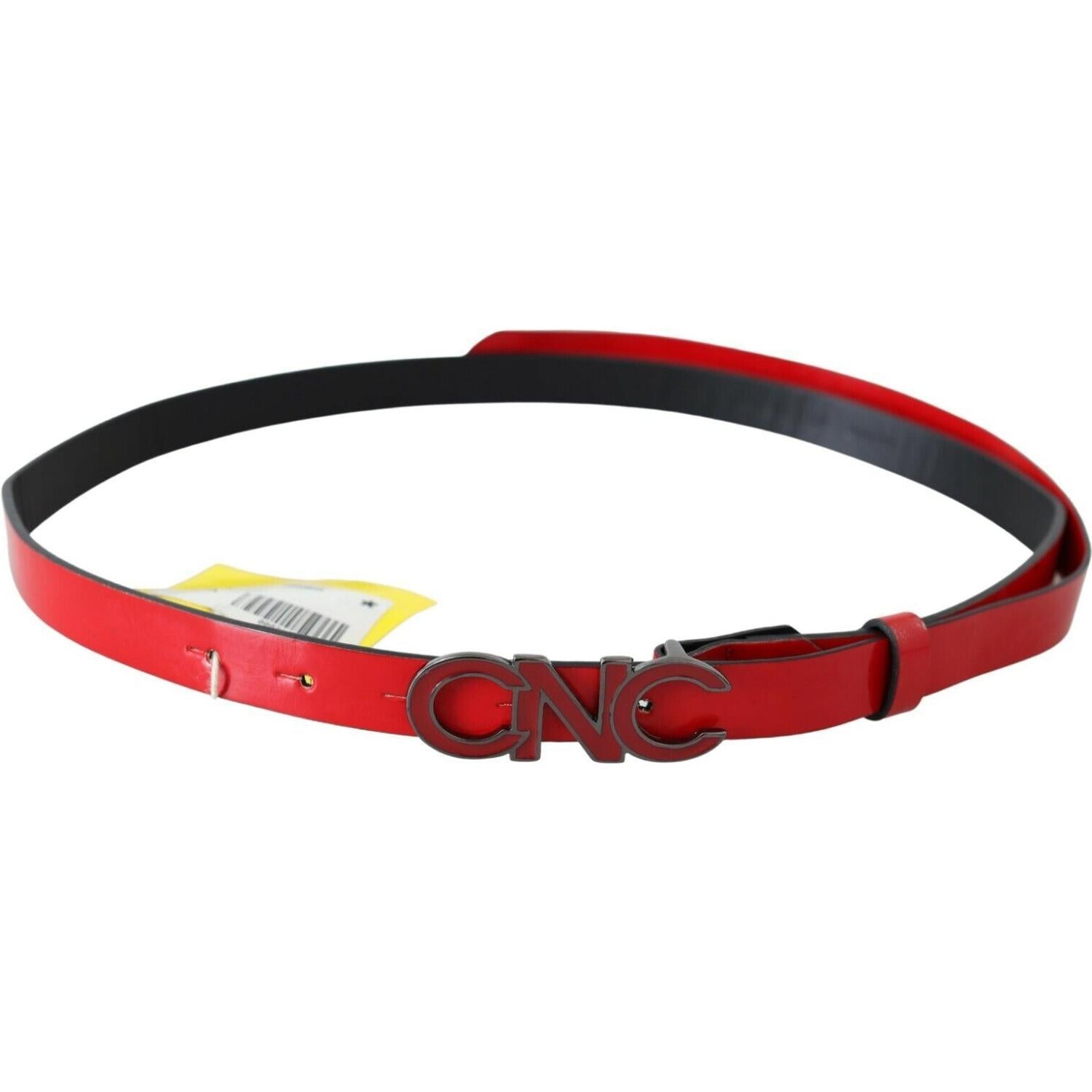 Costume National Red Black Reversible Leather Logo Buckle Belt