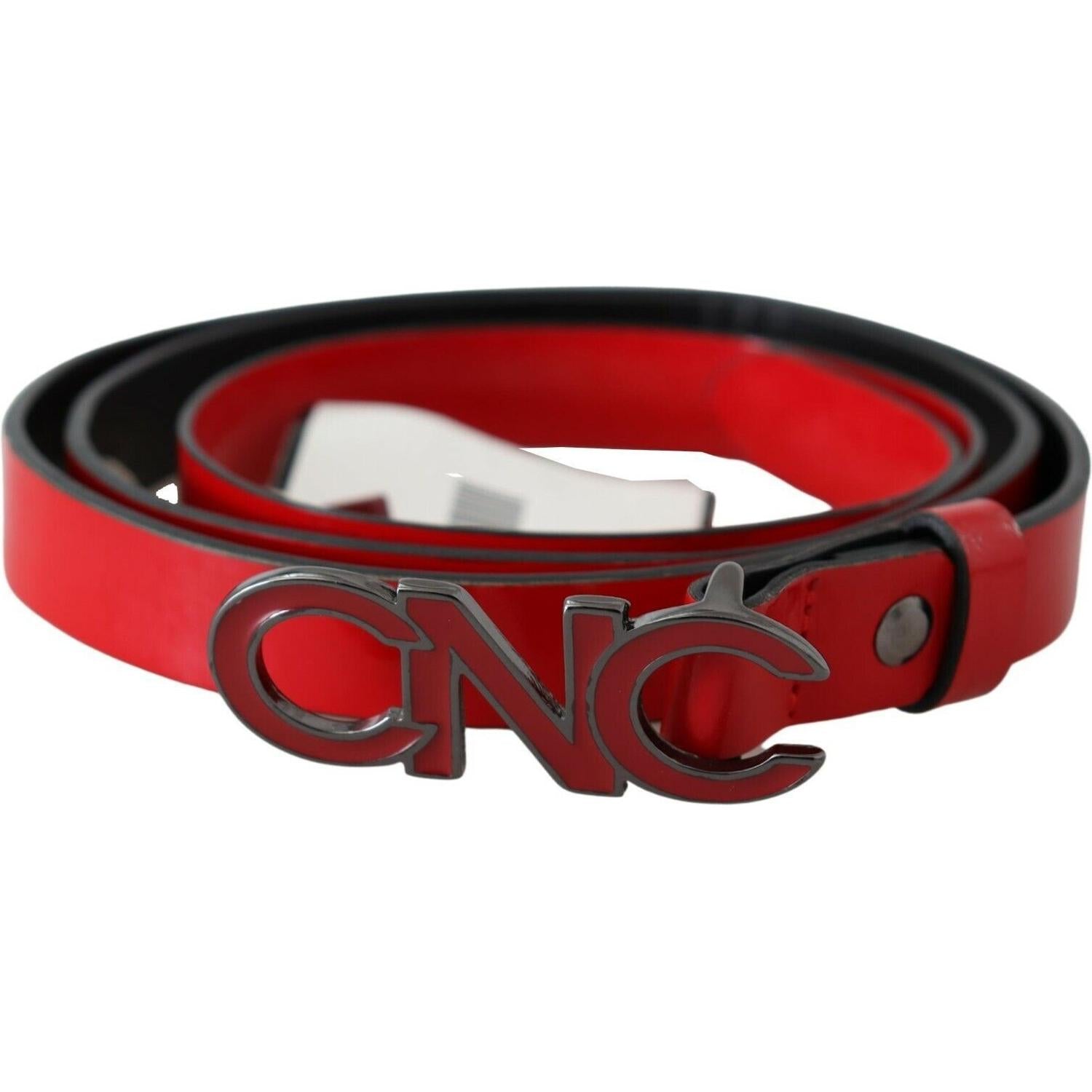 Costume National Red Black Reversible Leather Logo Buckle Belt