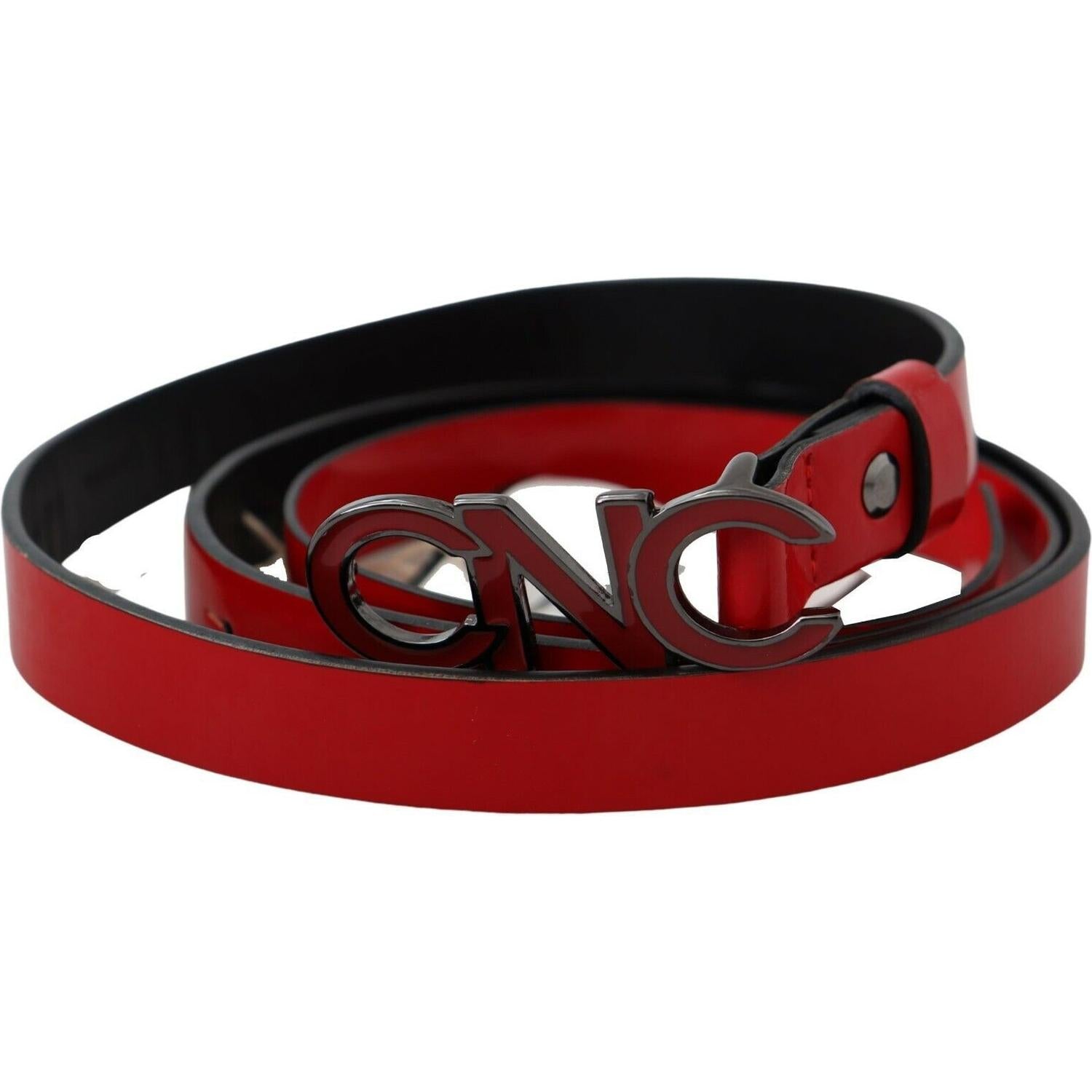 Costume National Red Black Reversible Leather Logo Buckle Belt
