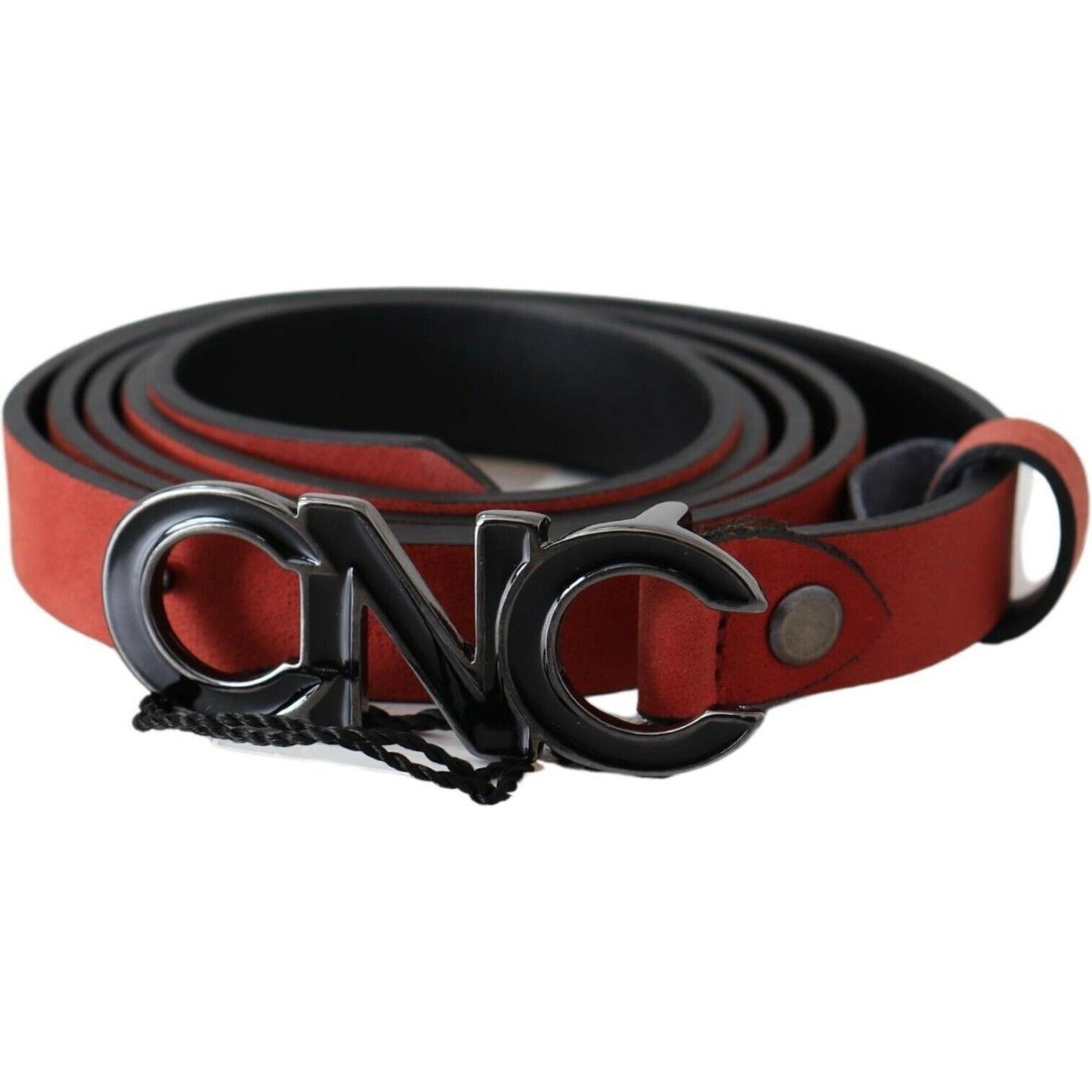 Costume National Red Black Leather Black Logo Buckle Blood Belt
