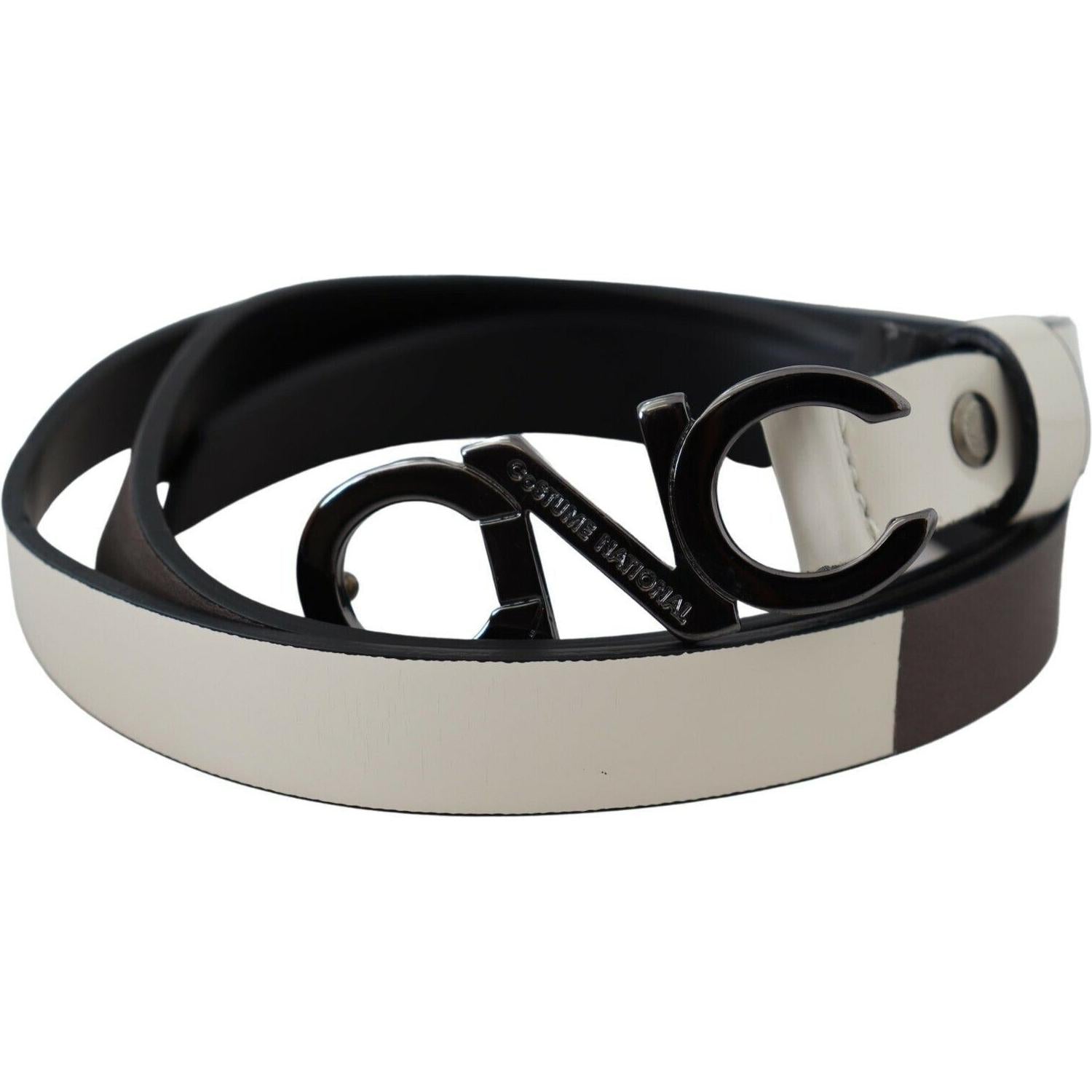 Costume National White Black Leather Letter Logo Buckle Belt