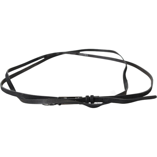 Costume National Black Leather Skinny Logo Buckle Belt BEL61003- 100