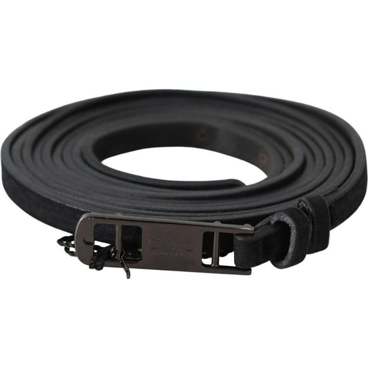 Costume National Black Leather Skinny Logo Buckle Belt BEL61003- 100