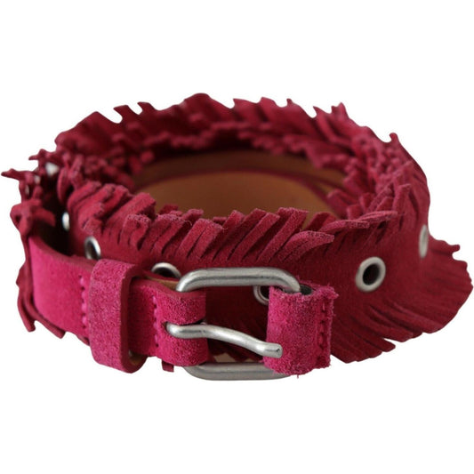 Ermanno Scervino Maroon Leather Fringes Silver Buckle Waist Belt BEL8141- 95