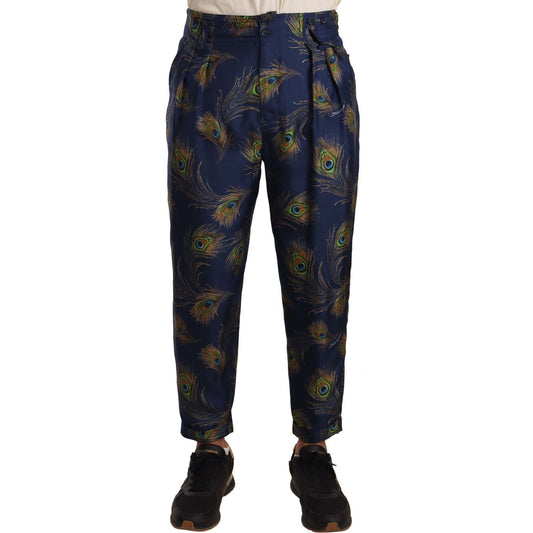 Dolce & Gabbana Blue Peacock Print Tapered Trousers Silk Pants PAN71985 -48
