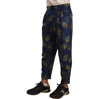 Dolce & Gabbana Blue Peacock Print Tapered Trousers Silk Pants MAN TROUSERS