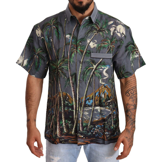 Dolce & Gabbana Gray Linen Tropical Print Collared Shirt