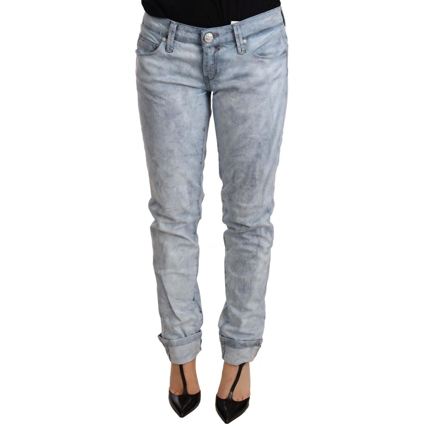 Acht Light Blue Washed Cotton Folded Hem Denim Trouser Jeans & Pants