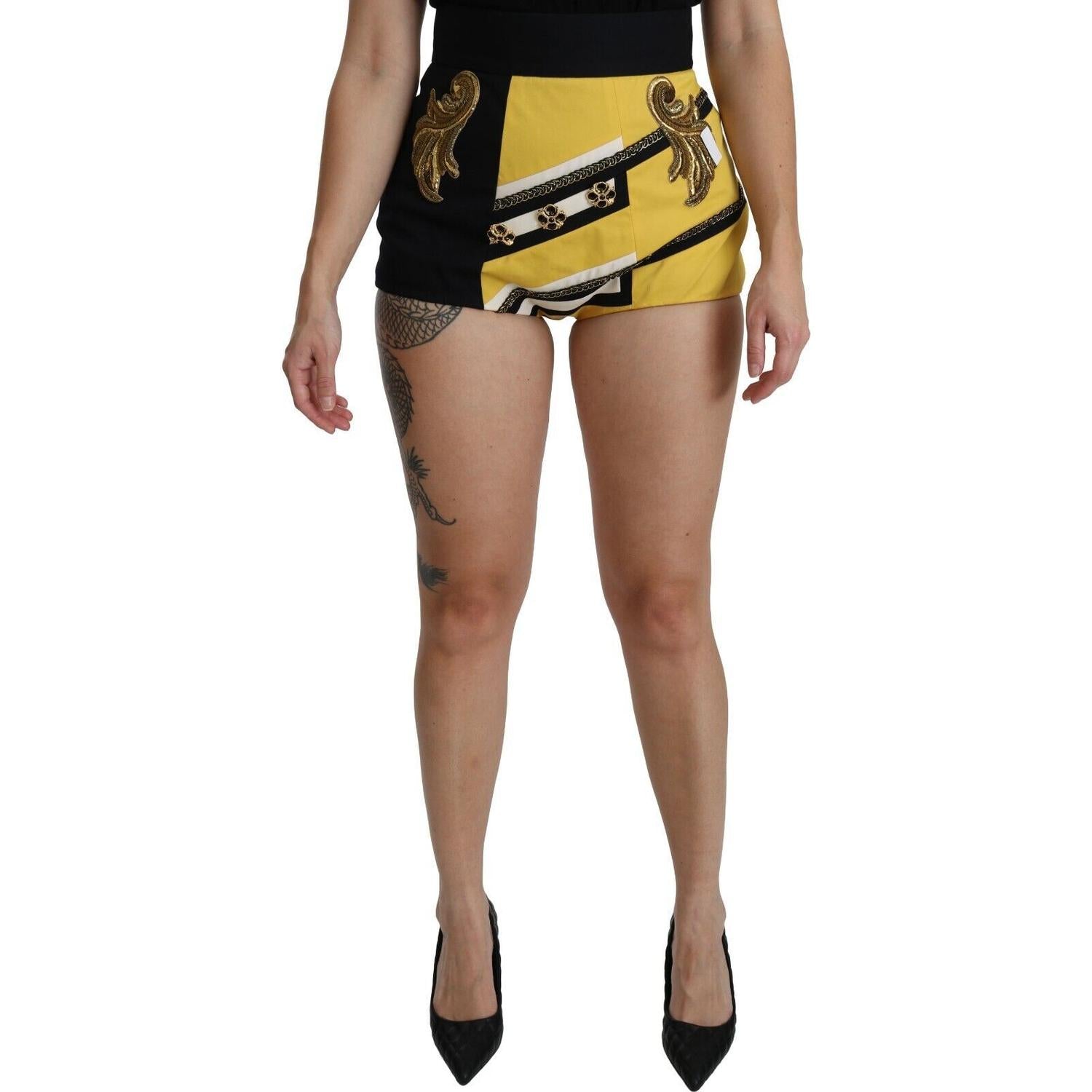 Dolce & Gabbana Yellow Black Cotton Jewelled Hot Pants Shorts