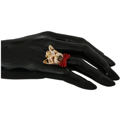 Dolce & Gabbana Beige Dog Pet Branded Accessory Gold Brass Resin Ring
