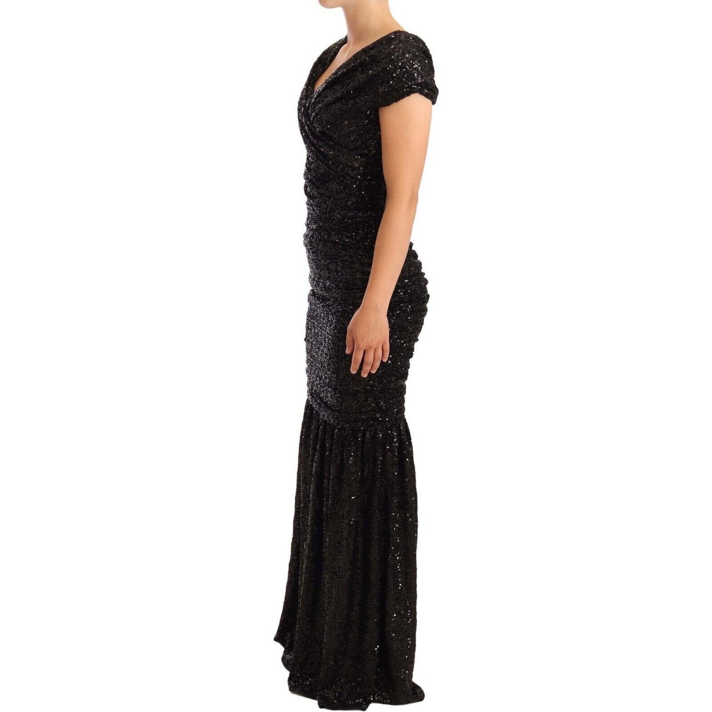Dolce & Gabbana Black Sequined Open Shoulder Long Gown Dress