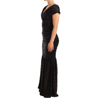 Dolce & Gabbana Black Sequined Open Shoulder Long Gown Dress