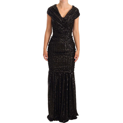 Dolce & Gabbana Black Sequined Open Shoulder Long Gown Dress