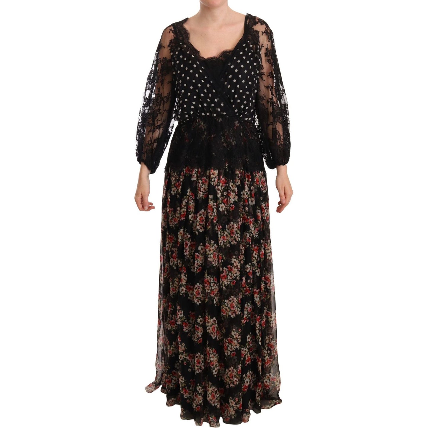 Dolce & Gabbana Black Lace Floral Polka Maxi Capri Dress