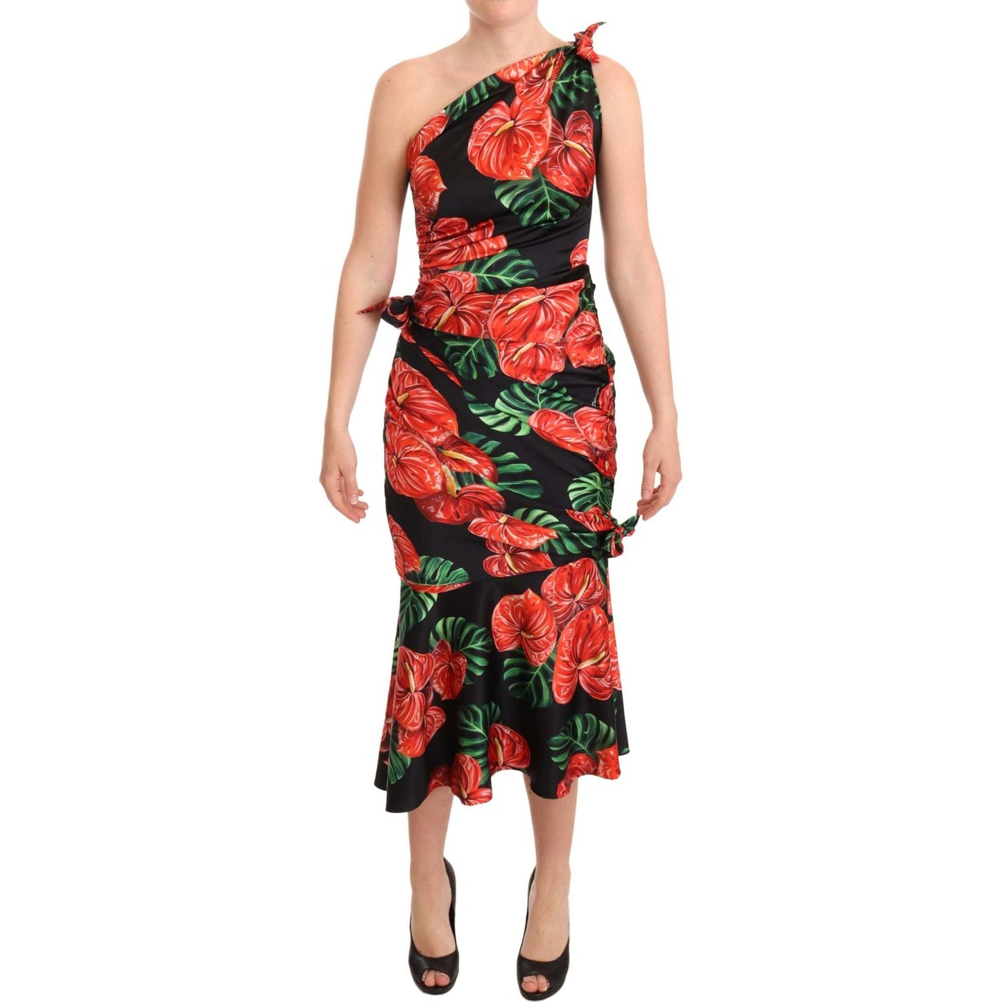 Dolce & Gabbana Black Shiny Silk Floral Print Draped Dress