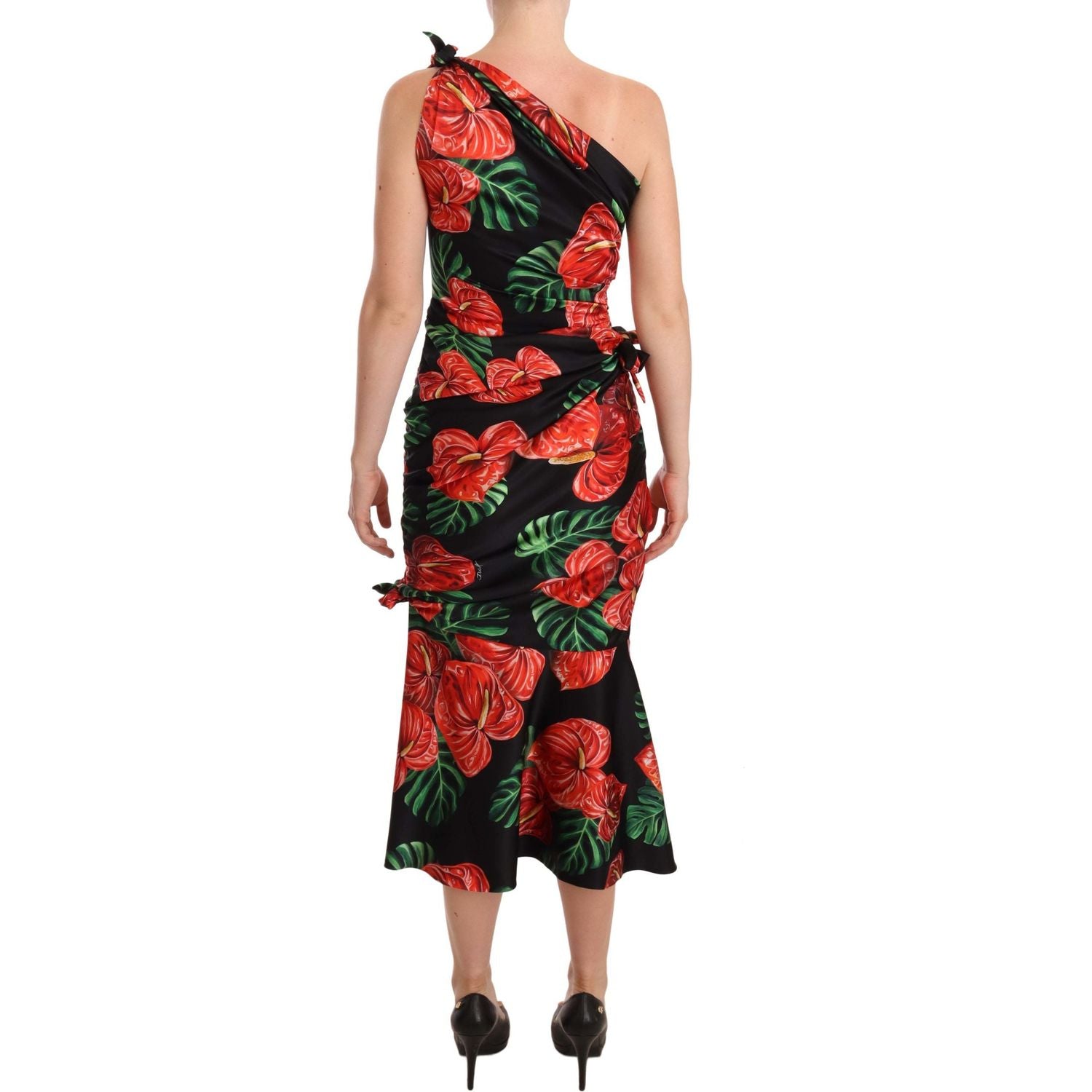 Dolce & Gabbana Black Shiny Silk Floral Print Draped Dress