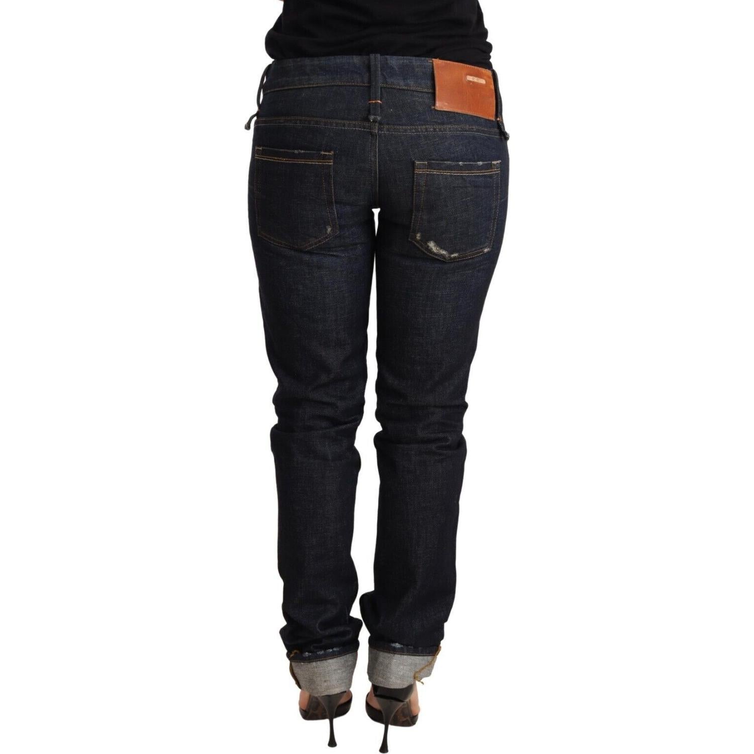 Acht Dark Blue Cotton Slim Fit Folded Hem Women Denim Trouser Jeans
