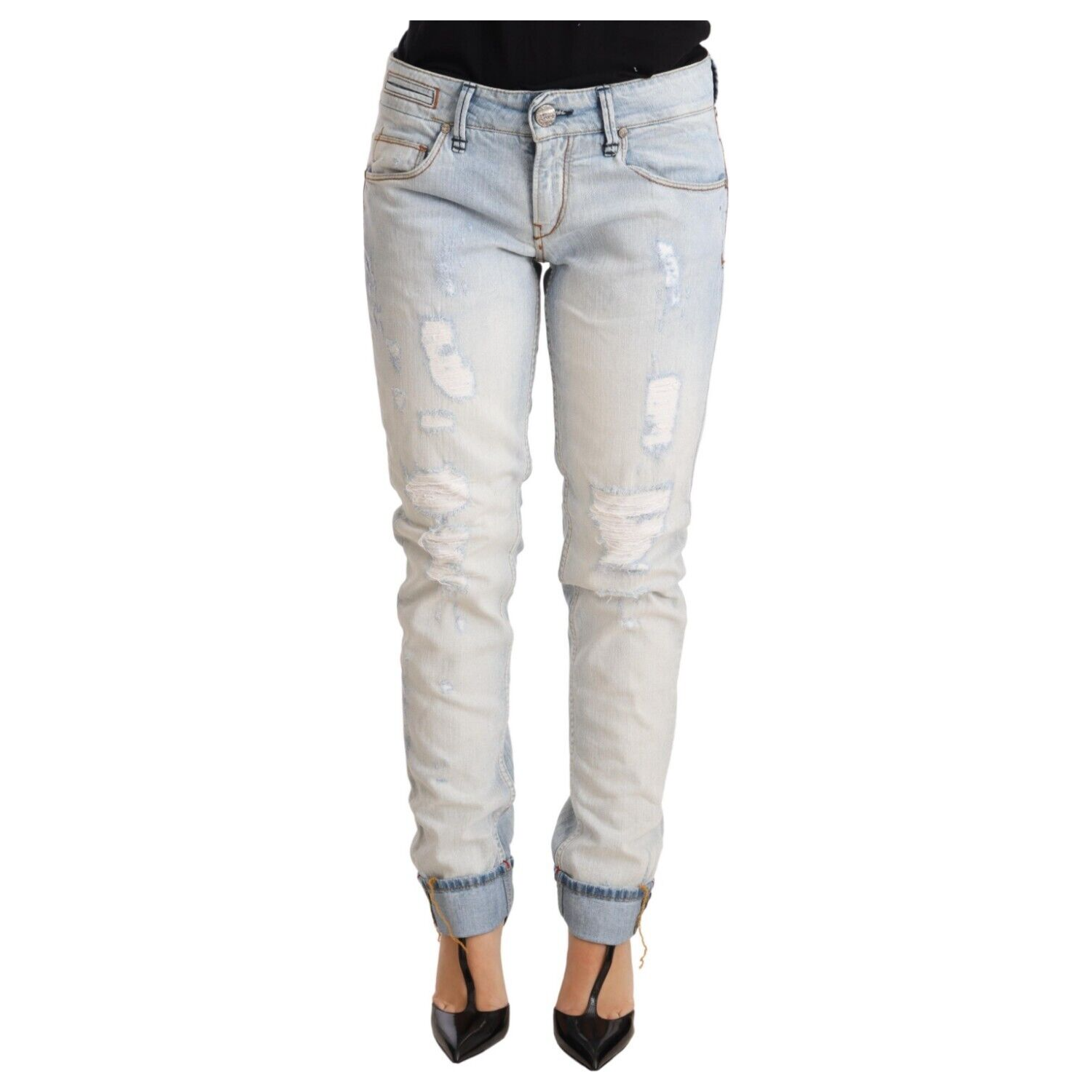 Acht Light Blue Distressed Cotton Folded Hem Denim Trouser Jeans