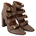 MY TWIN Brown Leather Block Heels Multi Buckle Pumps Shoes LA9394 - 37