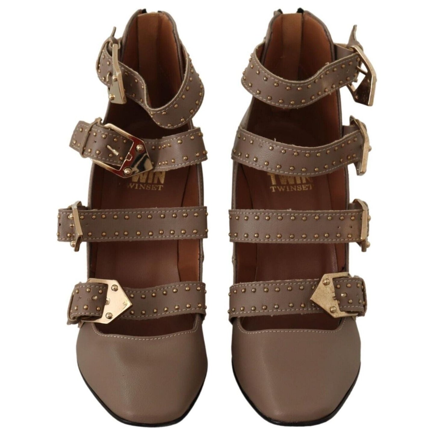 MY TWIN Brown Leather Block Heels Multi Buckle Pumps Shoes LA9394 - 37