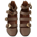 MY TWIN Brown Leather Block Heels Multi Buckle Pumps Shoes LA9394 - 37
