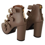 MY TWIN Brown Leather Block Heels Multi Buckle Pumps Shoes LA9394 - 37