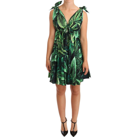 Dolce & Gabbana Green Leaves Print Cotton Flared Mini Dress DR28286-38
