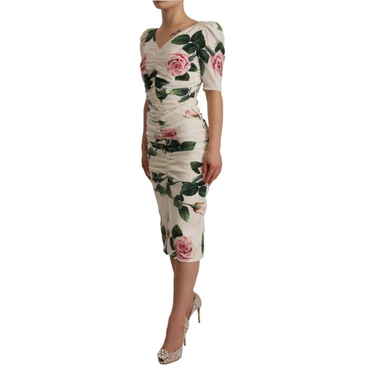 Dolce & Gabbana White Roses Print Stretch Silk Pleated Dress DR28258 - 38