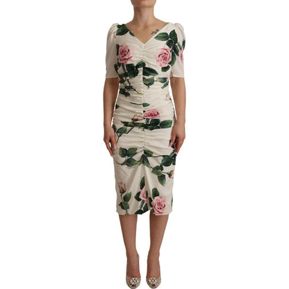 Dolce & Gabbana White Roses Print Stretch Silk Pleated Dress
