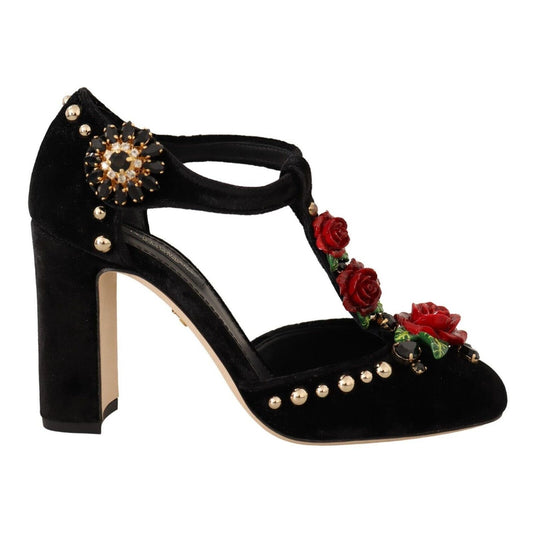 Dolce & Gabbana Black Mary Jane Pumps Roses Crystals Shoes