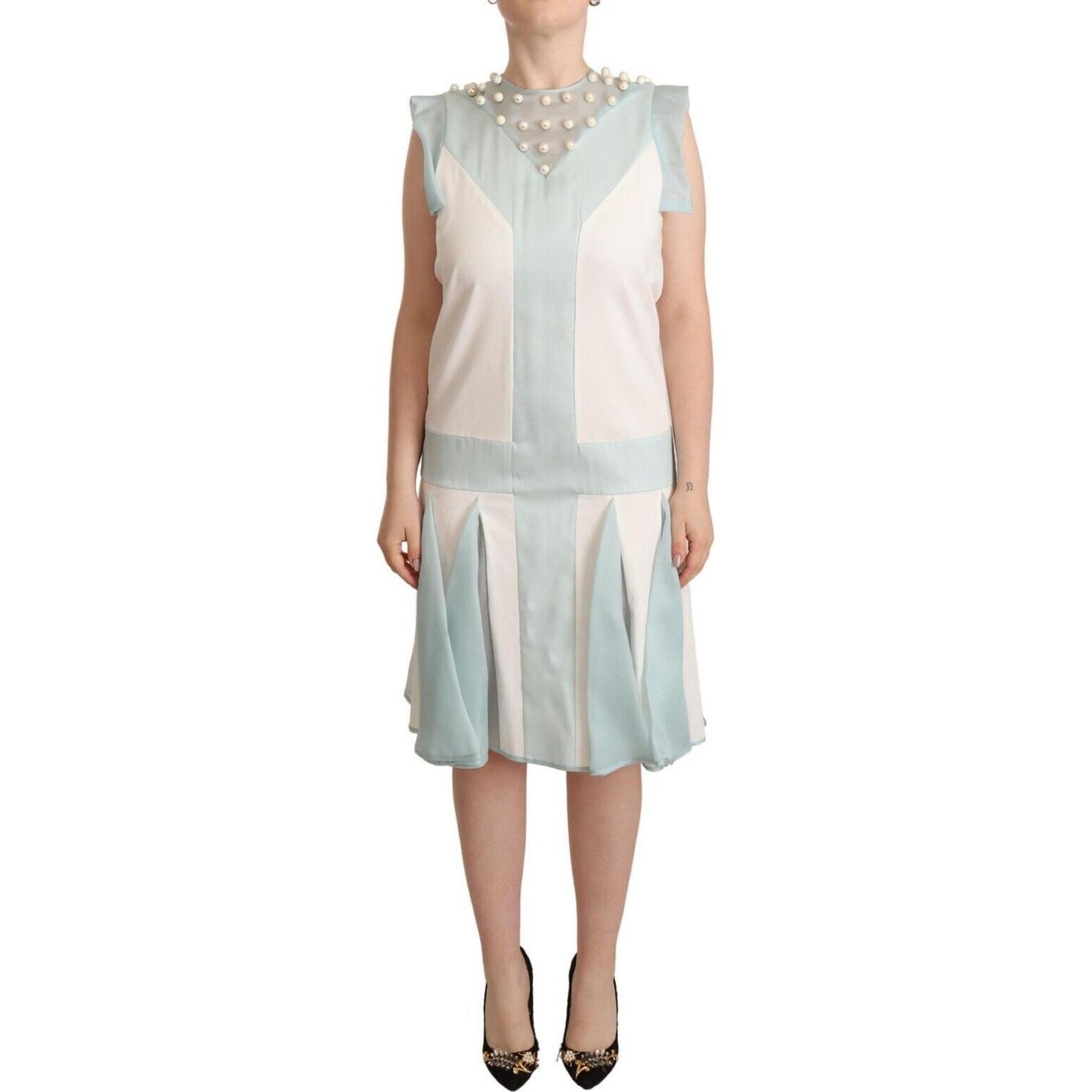 Sergei Grinko Multicolor Faux Pearl Sleeveless Shift Midi Dress