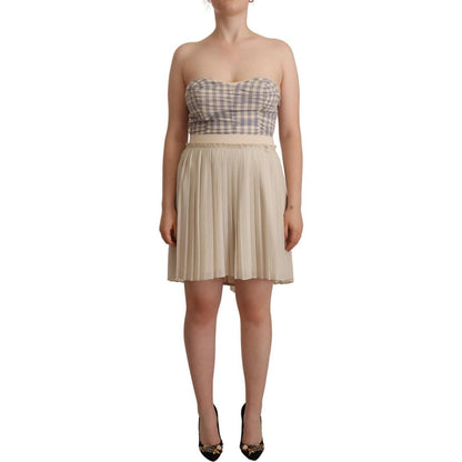 Guess Beige Checkered Pleated A-line Strapless Bustier Dress WOMAN DRESSES