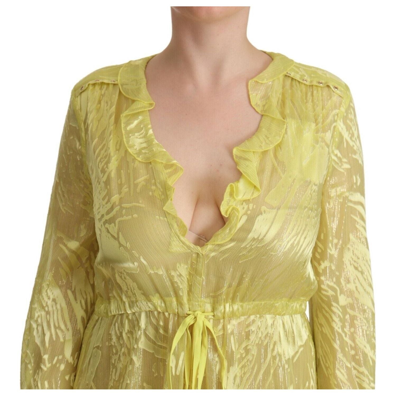 Patrizia Pepe Yellow Silk Long Sleeves Plunging Maxi Dress