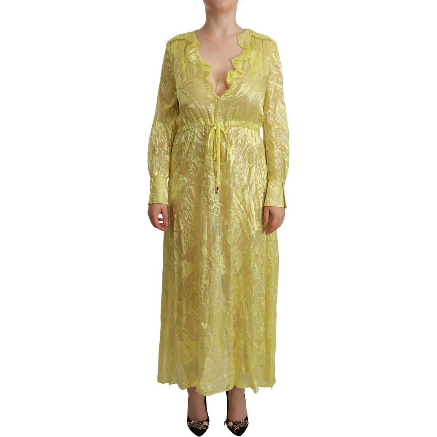 Patrizia Pepe Yellow Silk Long Sleeves Plunging Maxi Dress