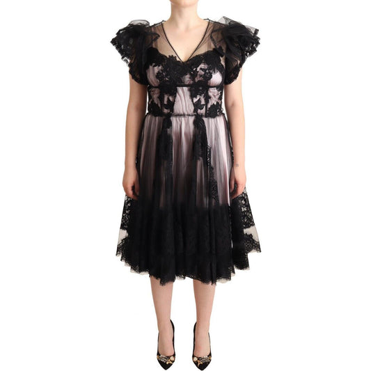 Dolce & Gabbana Black Pink Floral Lace A-line Midi Sheer Dress DR28236 - 44