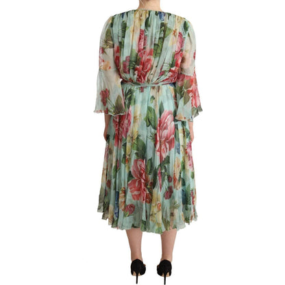 Dolce & Gabbana Green Floral Long Sleeves V-neck Midi Dress