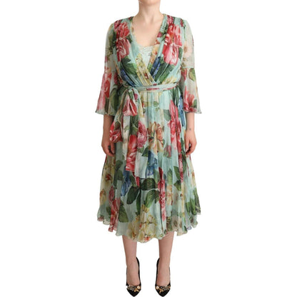 Dolce & Gabbana Green Floral Long Sleeves V-neck Midi Dress